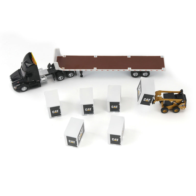 1/64 Black Peterbilt Semi Truck with Flatbed Trailer, 6 Pallet Boxes, & CAT Skid Steer Loader by Diecast Masters