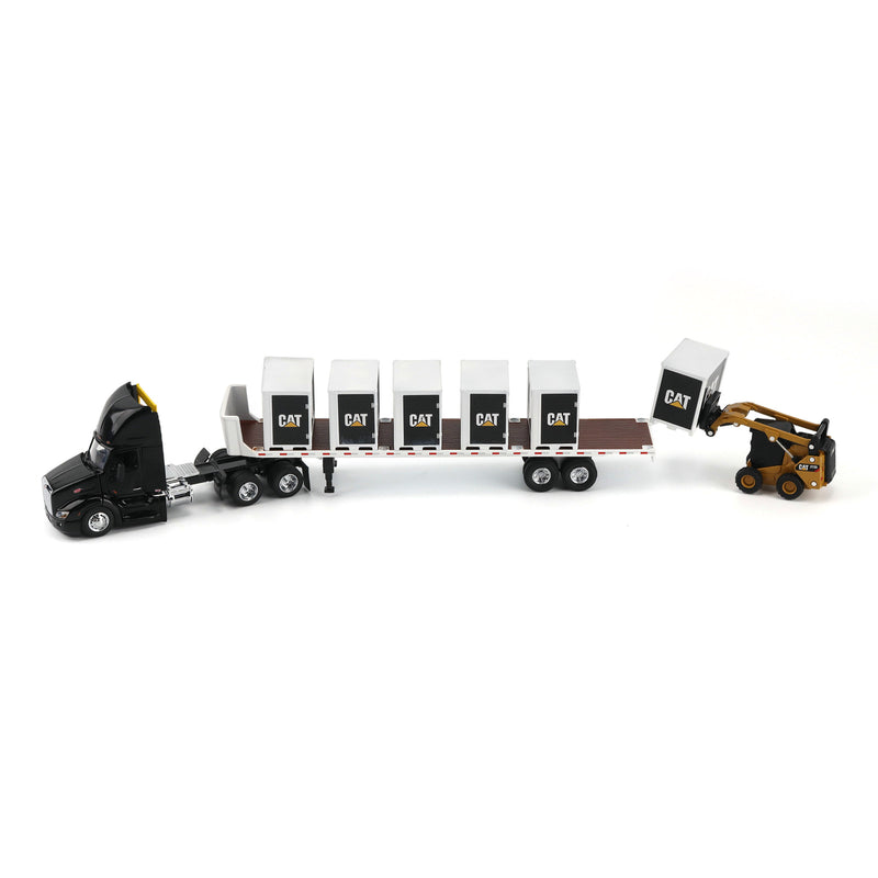 1/64 Black Peterbilt Semi Truck with Flatbed Trailer, 6 Pallet Boxes, & CAT Skid Steer Loader by Diecast Masters