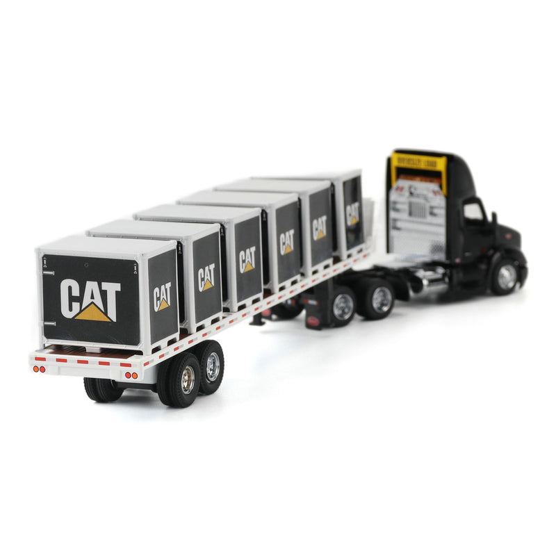 1/64 Black Peterbilt Semi Truck with Flatbed Trailer, 6 Pallet Boxes, & CAT Skid Steer Loader by Diecast Masters