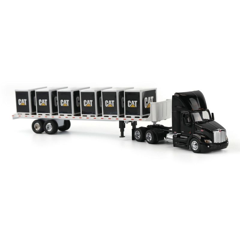 1/64 Black Peterbilt Semi Truck with Flatbed Trailer, 6 Pallet Boxes, & CAT Skid Steer Loader by Diecast Masters