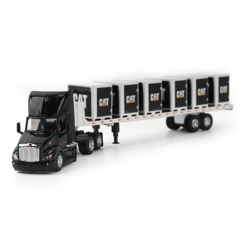 1/64 Black Peterbilt Semi Truck with Flatbed Trailer, 6 Pallet Boxes, & CAT Skid Steer Loader by Diecast Masters