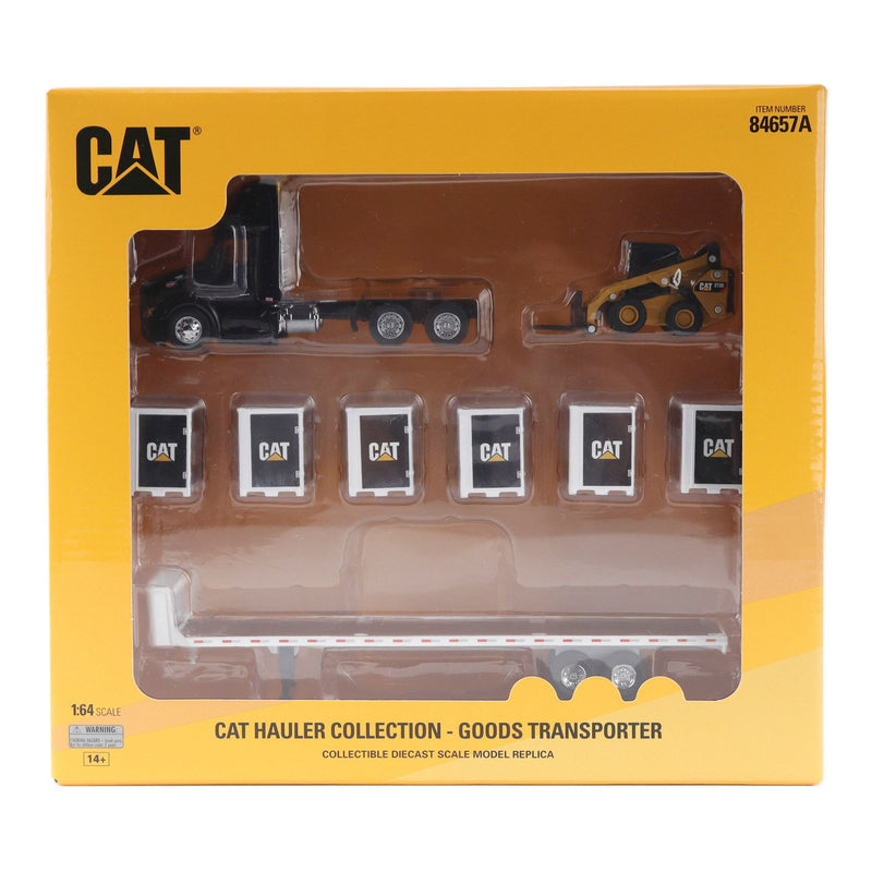 1/64 Black Peterbilt Semi Truck with Flatbed Trailer, 6 Pallet Boxes, & CAT Skid Steer Loader by Diecast Masters
