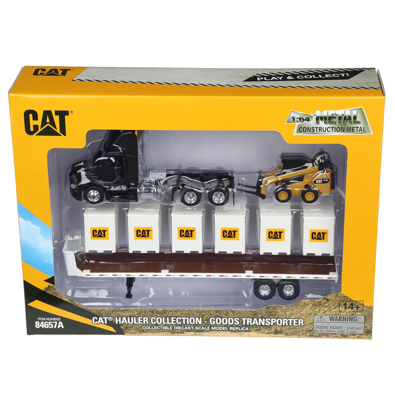 1/64 Black Peterbilt Semi Truck with Flatbed Trailer, 6 Pallet Boxes, & CAT Skid Steer Loader by Diecast Masters