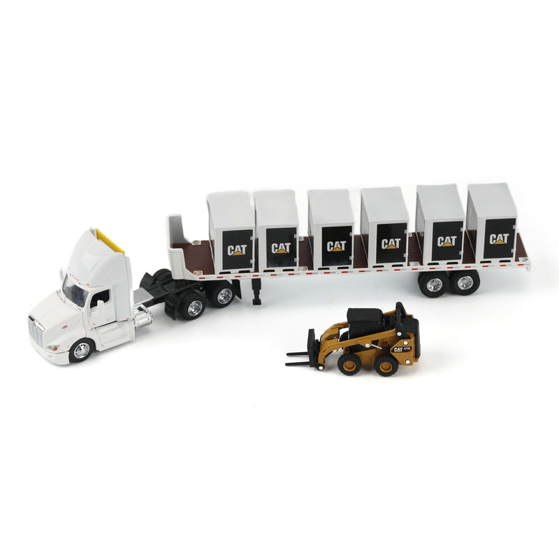 1/64 White Peterbilt Semi Truck with Flatbed Trailer, 6 Pallet Boxes, & CAT Skid Steer Loader by Diecast Masters
