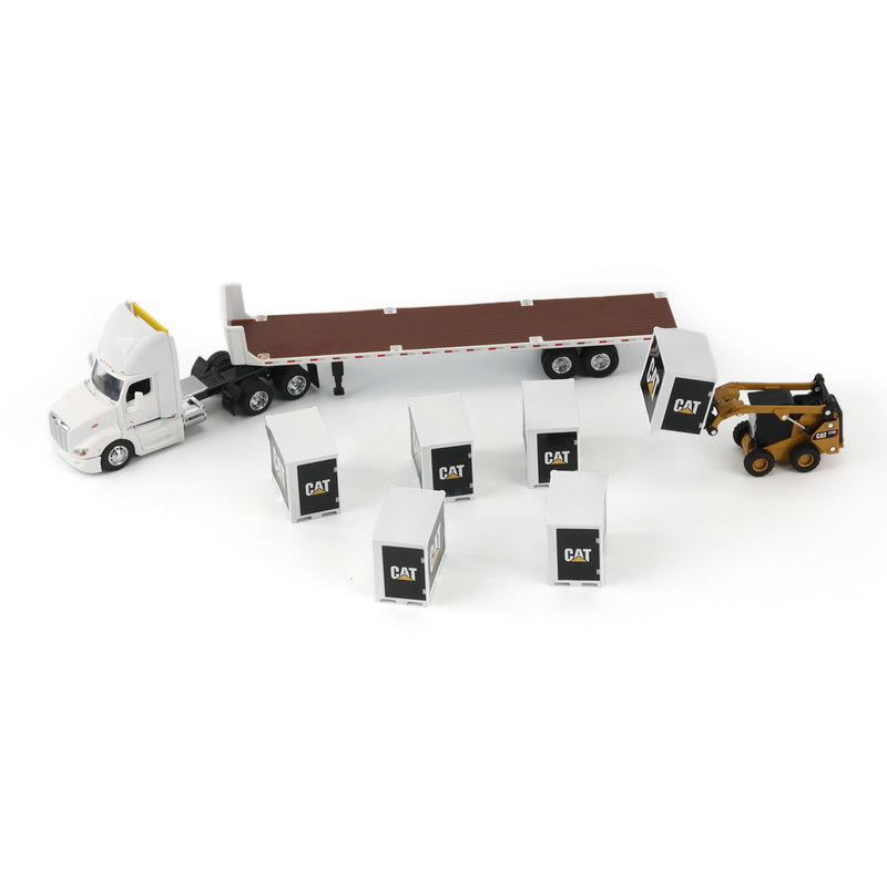 1/64 White Peterbilt Semi Truck with Flatbed Trailer, 6 Pallet Boxes, & CAT Skid Steer Loader by Diecast Masters