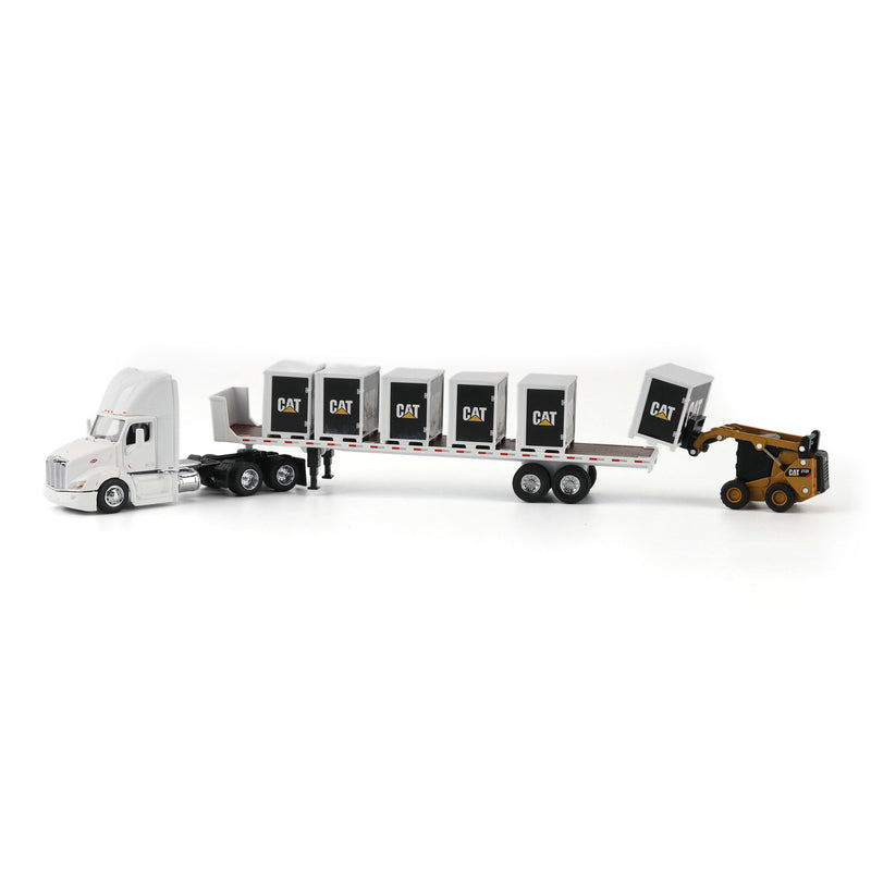 1/64 White Peterbilt Semi Truck with Flatbed Trailer, 6 Pallet Boxes, & CAT Skid Steer Loader by Diecast Masters