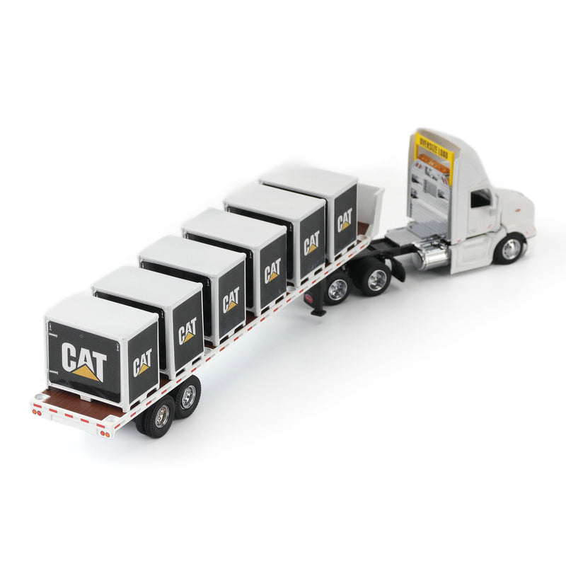 1/64 White Peterbilt Semi Truck with Flatbed Trailer, 6 Pallet Boxes, & CAT Skid Steer Loader by Diecast Masters