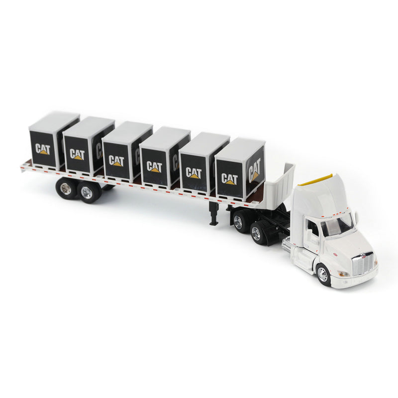 1/64 White Peterbilt Semi Truck with Flatbed Trailer, 6 Pallet Boxes, & CAT Skid Steer Loader by Diecast Masters