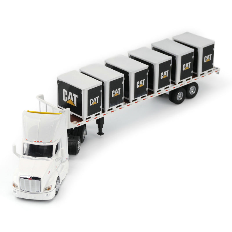 1/64 White Peterbilt Semi Truck with Flatbed Trailer, 6 Pallet Boxes, & CAT Skid Steer Loader by Diecast Masters