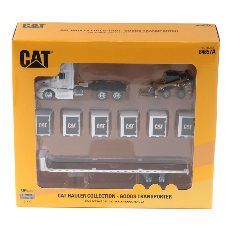 1/64 White Peterbilt Semi Truck with Flatbed Trailer, 6 Pallet Boxes, & CAT Skid Steer Loader by Diecast Masters