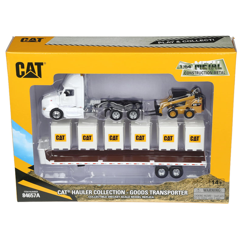 1/64 White Peterbilt Semi Truck with Flatbed Trailer, 6 Pallet Boxes, & CAT Skid Steer Loader by Diecast Masters