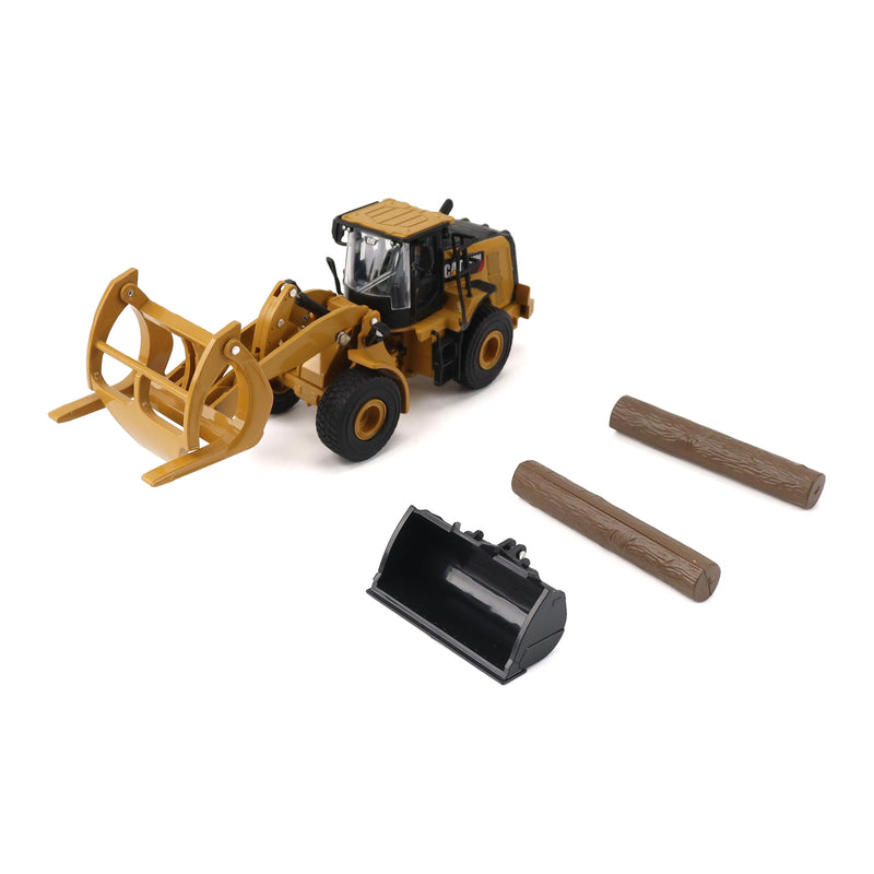1/64 CAT 950M Wheel Loader with Log Fork, Bucket and Logs by Diecast Masters