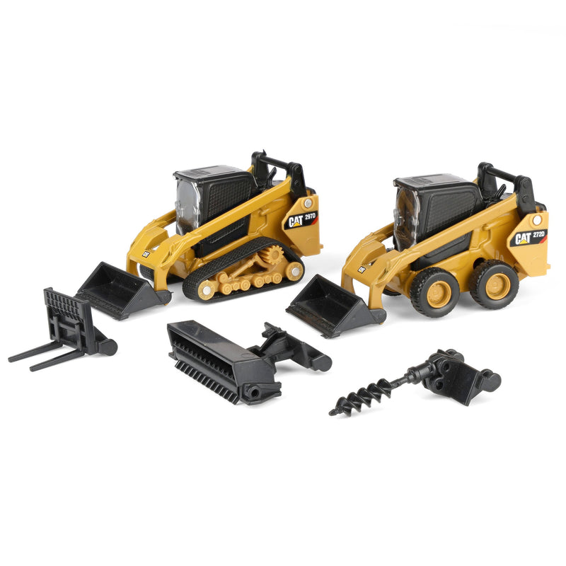 1/64 CAT 272 Skid Steer Loader & CAT 297D2 Compact Track Loader with Interchangeable Attachments by Diecast Masters