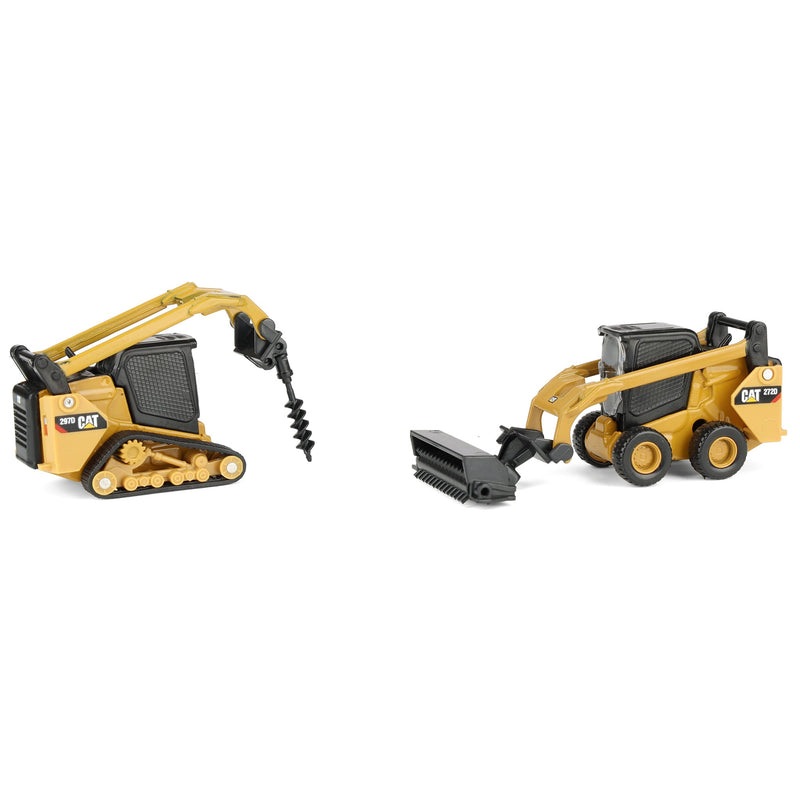1/64 CAT 272 Skid Steer Loader & CAT 297D2 Compact Track Loader with Interchangeable Attachments by Diecast Masters