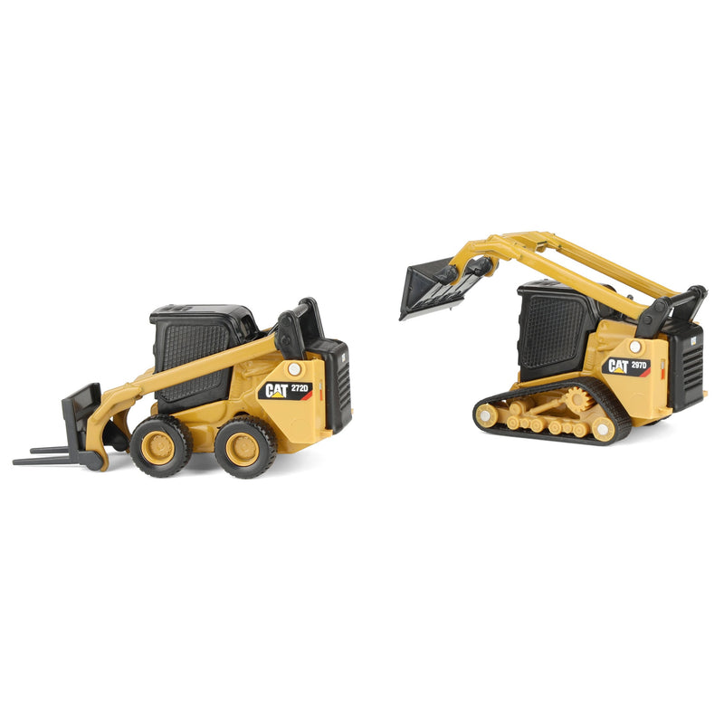 1/64 CAT 272 Skid Steer Loader & CAT 297D2 Compact Track Loader with Interchangeable Attachments by Diecast Masters
