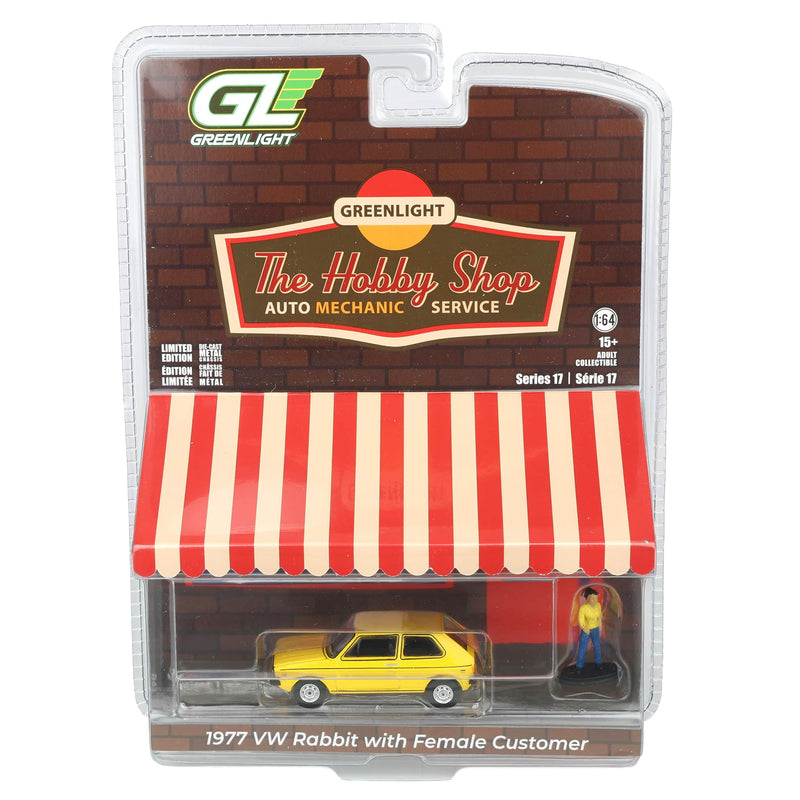1/64 1977 Volkswagen Rabbit Riyad Yellow with Female Customer, The Hobby Shop Series 17 by Greenlight Collectibles