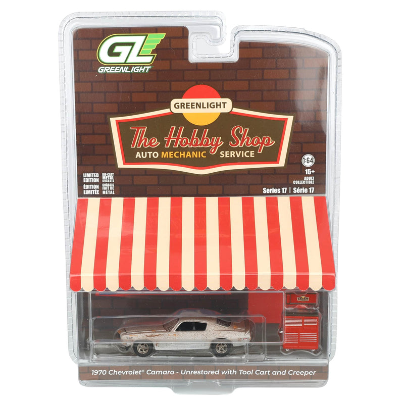 1/64 1970 Chevrolet Camaro Cortez Silver Unrestored with Tool Cart and Creeper, The Hobby Shop Series 17 by Greenlight Collectibles