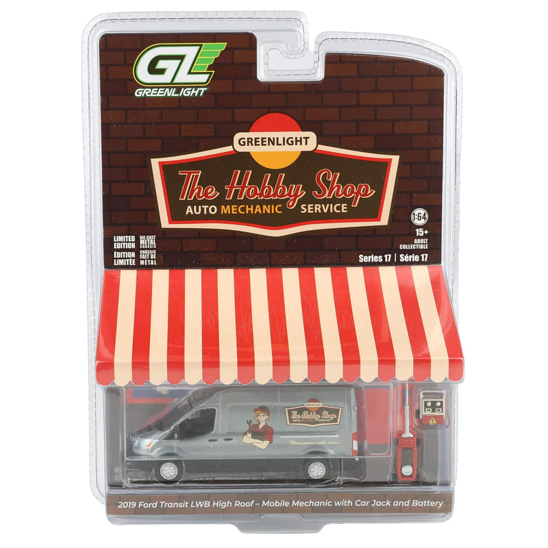 Raw Chase Unit ~ 1/64 2019 Ford Transit LWB High Roof Mobile Mechanic with Car Jack and Battery, The Hobby Shop Series 17 by Greenlight Collectibles