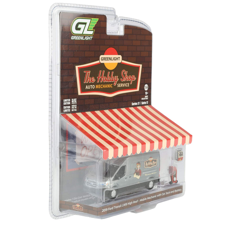 Raw Chase Unit ~ 1/64 2019 Ford Transit LWB High Roof Mobile Mechanic with Car Jack and Battery, The Hobby Shop Series 17 by Greenlight Collectibles