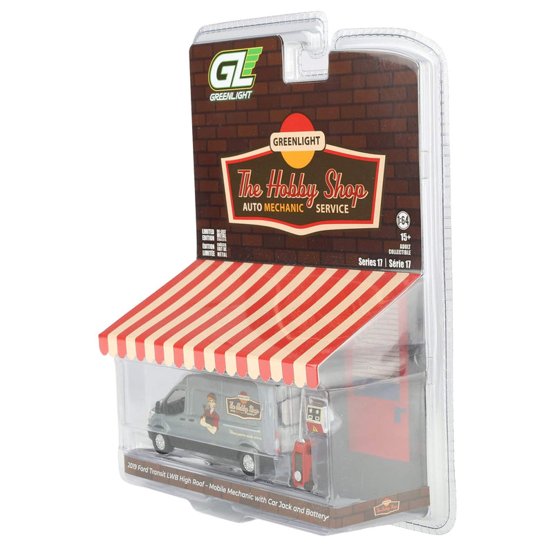 Raw Chase Unit ~ 1/64 2019 Ford Transit LWB High Roof Mobile Mechanic with Car Jack and Battery, The Hobby Shop Series 17 by Greenlight Collectibles
