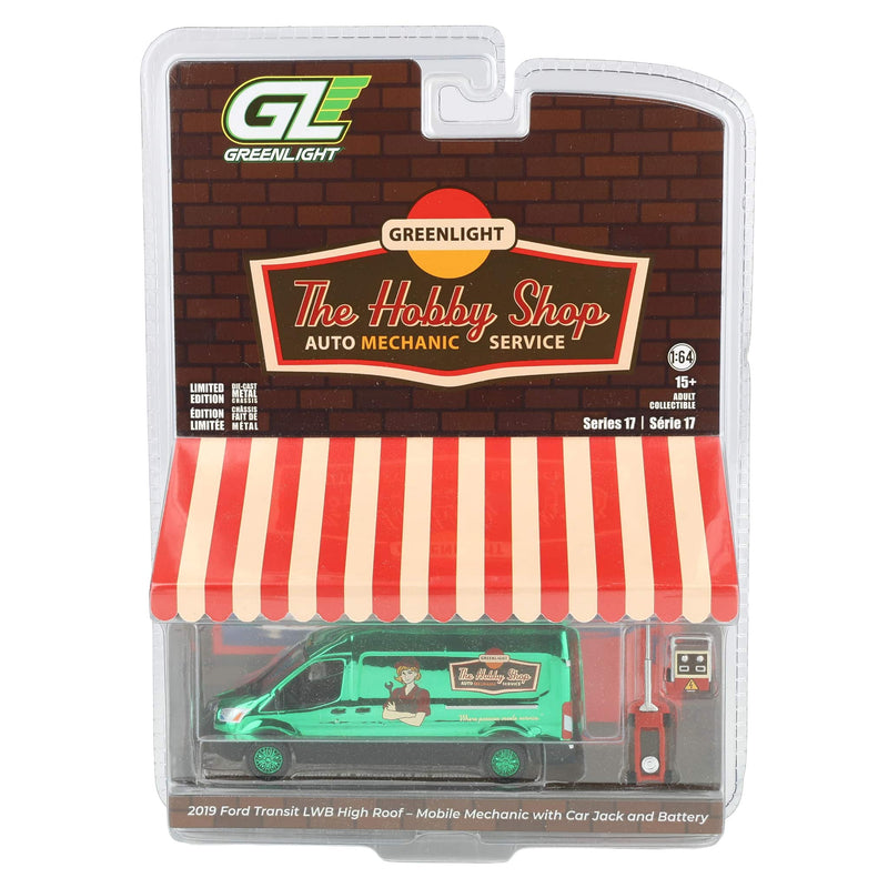Green Chrome Chase Unit ~ 1/64 2019 Ford Transit LWB High Roof Mobile Mechanic with Car Jack and Battery, The Hobby Shop Series 17 by Greenlight Collectibles