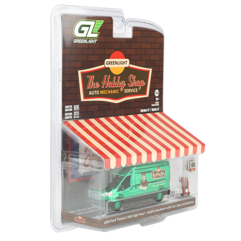 Green Chrome Chase Unit ~ 1/64 2019 Ford Transit LWB High Roof Mobile Mechanic with Car Jack and Battery, The Hobby Shop Series 17 by Greenlight Collectibles