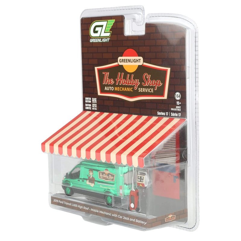 Green Chrome Chase Unit ~ 1/64 2019 Ford Transit LWB High Roof Mobile Mechanic with Car Jack and Battery, The Hobby Shop Series 17 by Greenlight Collectibles
