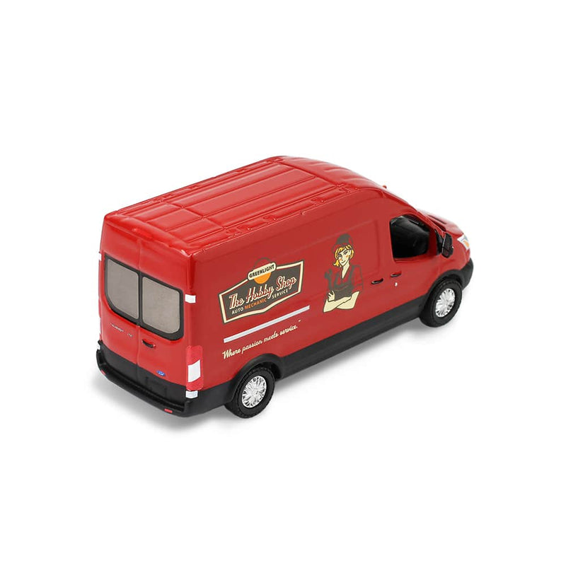 1/64 2019 Ford Transit LWB High Roof Mobile Mechanic with Car Jack and Battery, The Hobby Shop Series 17 by Greenlight Collectibles