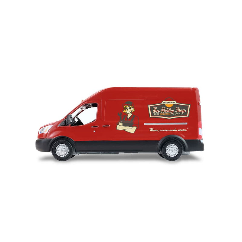 1/64 2019 Ford Transit LWB High Roof Mobile Mechanic with Car Jack and Battery, The Hobby Shop Series 17 by Greenlight Collectibles