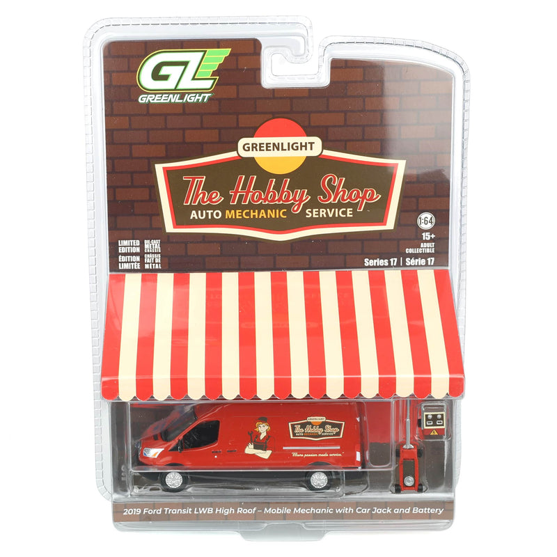1/64 2019 Ford Transit LWB High Roof Mobile Mechanic with Car Jack and Battery, The Hobby Shop Series 17 by Greenlight Collectibles