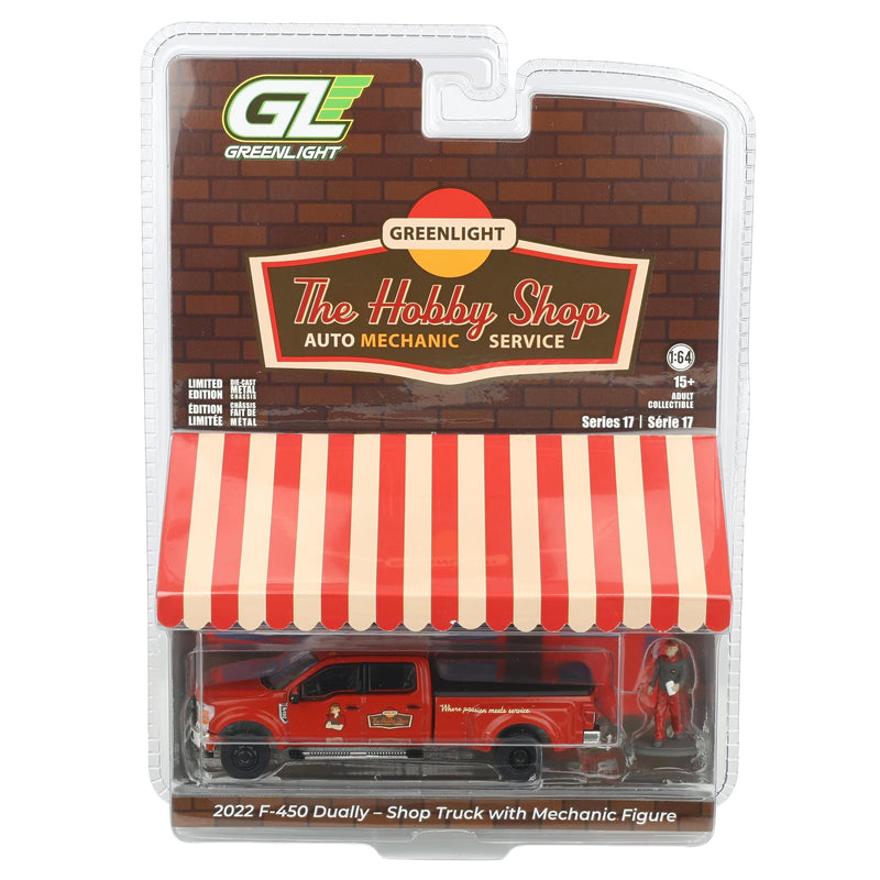 1/64 2022 Ford F-450 Dually Flatbed Truck with Mechanic Figure, The Hobby Shop Series 17 by Greenlight Collectibles