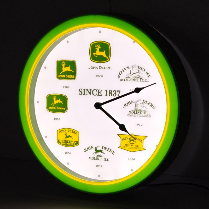John Deere Logo History LED Clock with Past & Present Logos, 14in Round