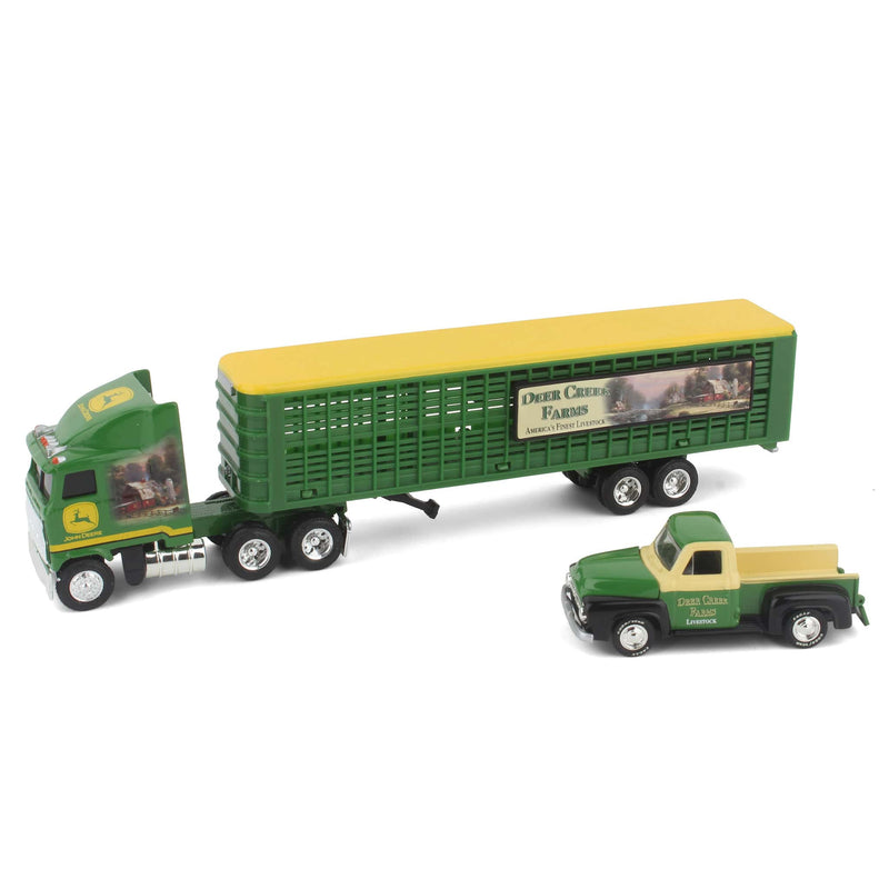 1/64 Thomas Kinkade John Deere Deer Creek Farms Livestock Semi & Pickup Truck Set by Hamilton Authenticated