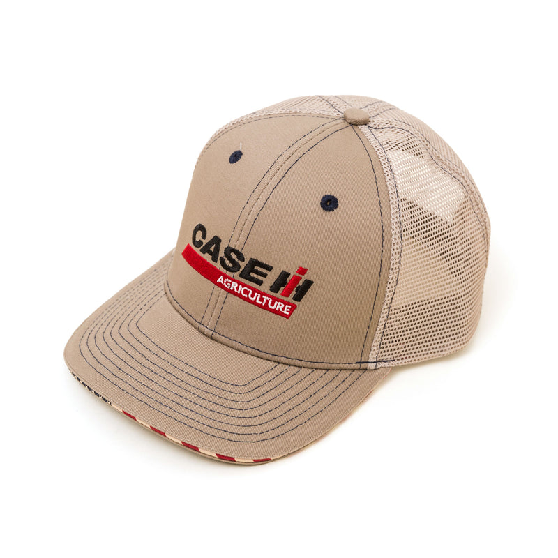 Case IH Khaki Mesh Back Trucker Hat with Embroidered Logo & American Flag Patch