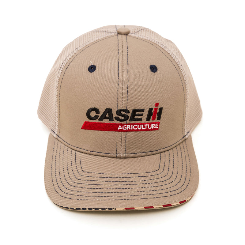 Case IH Khaki Mesh Back Trucker Hat with Embroidered Logo & American Flag Patch