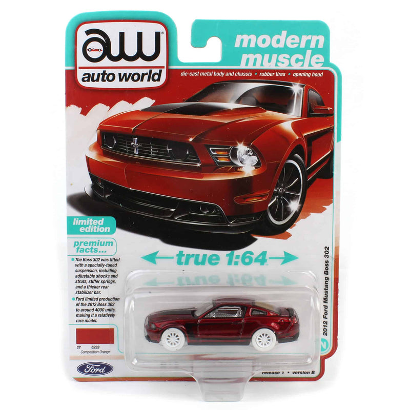 Ultra Red Chase ~ 1/64 2012 Ford Mustang Boss 302, Competition Orange & Black, Auto World
