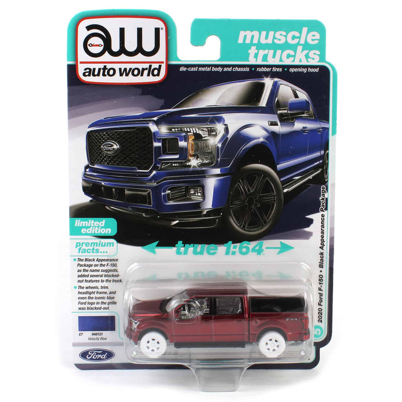 Ultra Red Chase ~ 1/64 2020 Ford F-150 Pickup Truck, Velocity Blue, Auto World