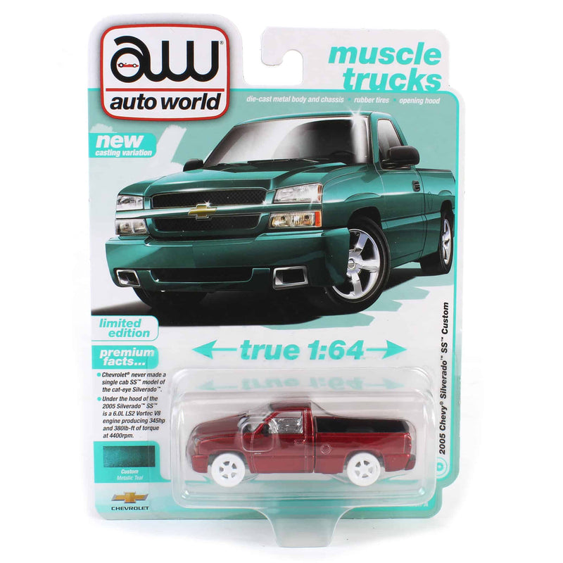 Ultra Red Chase ~ 1/64 2005 Chevrolet Silverado SS Single Cab Custom Pickup Truck, Teal Turquoise Metallic, Auto World