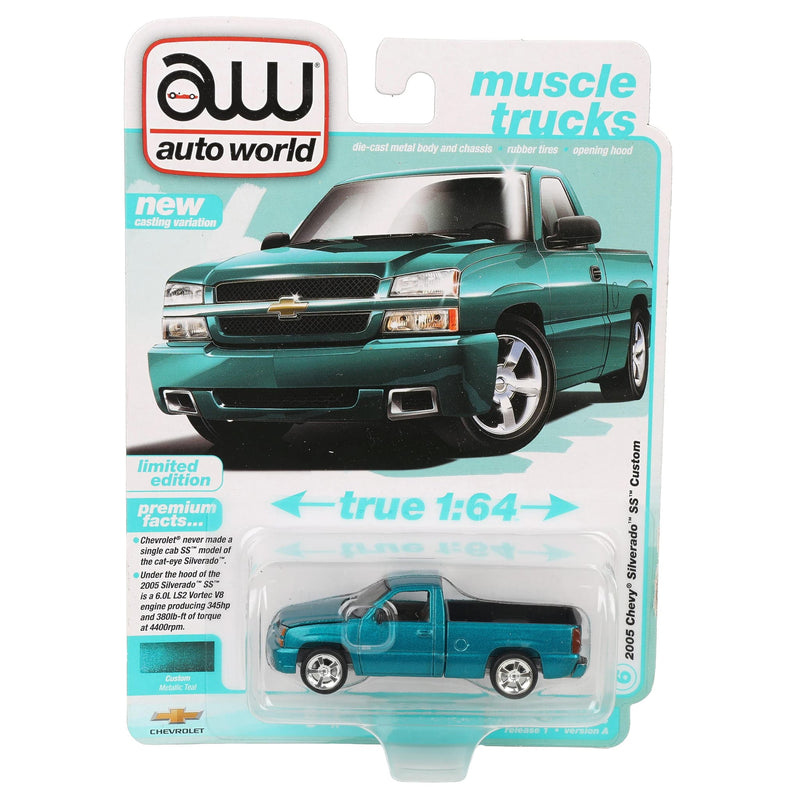 1/64 2005 Chevrolet Silverado SS Single Cab Custom Pickup Truck, Teal Turquoise Metallic, Auto World