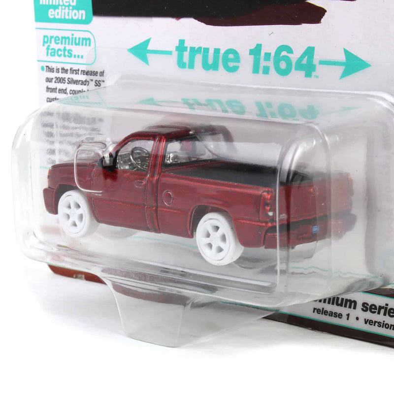 Ultra Red Chase ~ 1/64 2005 Chevrolet Silverado SS Single Cab Custom Pickup Truck, Candy Apple Red Metallic, Auto World