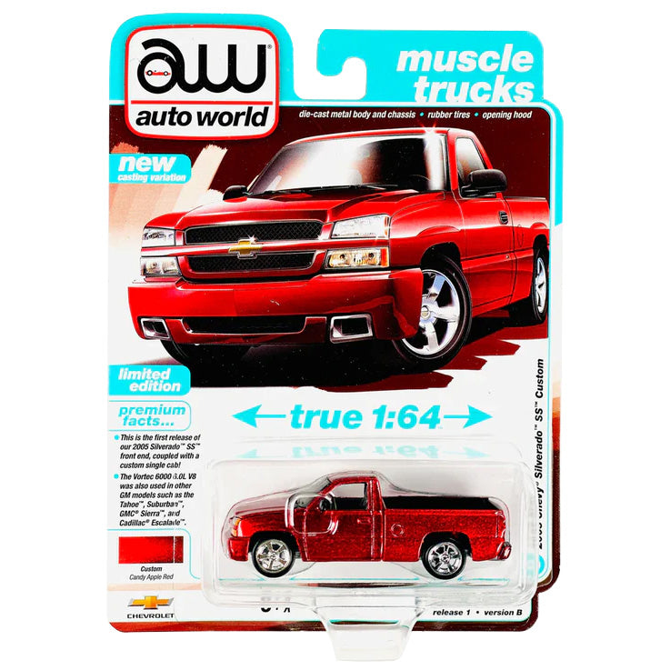 1/64 2005 Chevrolet Silverado SS Single Cab Custom Pickup Truck, Candy Apple Red Metallic, Auto World