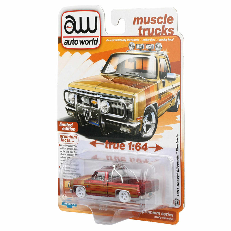 Ultra Red Chase Unit ~ 1/64 1981 Lowered Chevrolet Silverado Fleetside Pickup Truck with Custom Stripes, Auto World