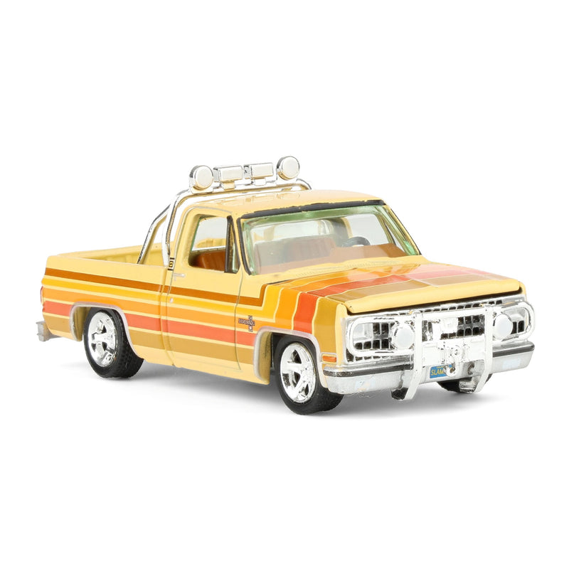 1/64 1981 Lowered Chevrolet Silverado Fleetside Pickup Truck, Cream with Custom Stripes, Auto World