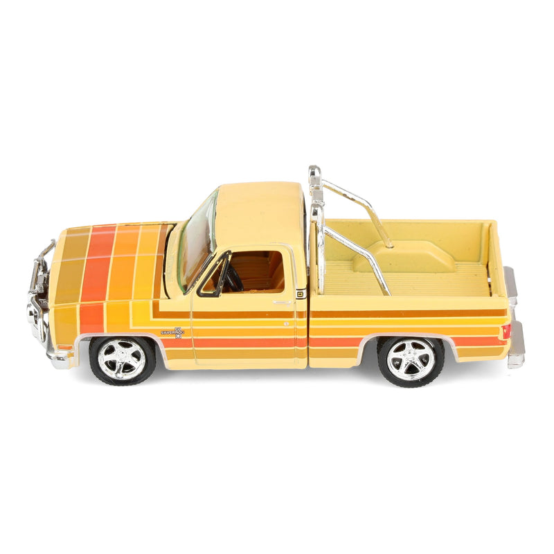 1/64 1981 Lowered Chevrolet Silverado Fleetside Pickup Truck, Cream with Custom Stripes, Auto World