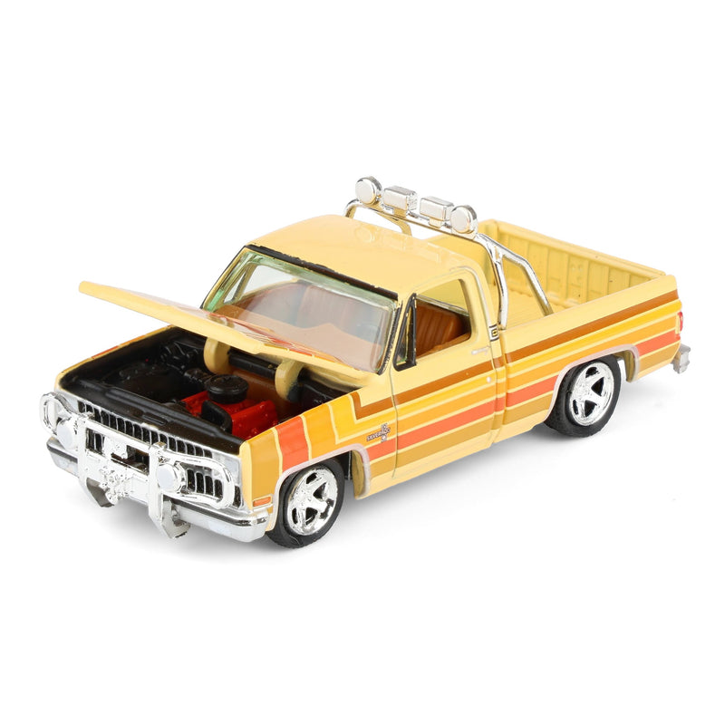1/64 1981 Lowered Chevrolet Silverado Fleetside Pickup Truck, Cream with Custom Stripes, Auto World