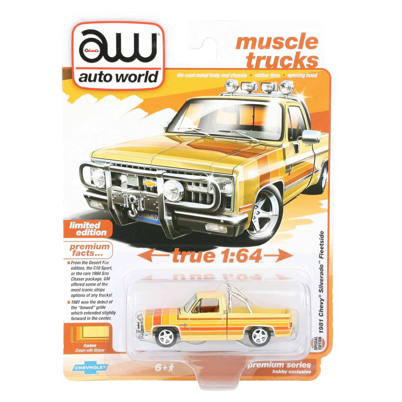 1/64 1981 Lowered Chevrolet Silverado Fleetside Pickup Truck, Cream with Custom Stripes, Auto World