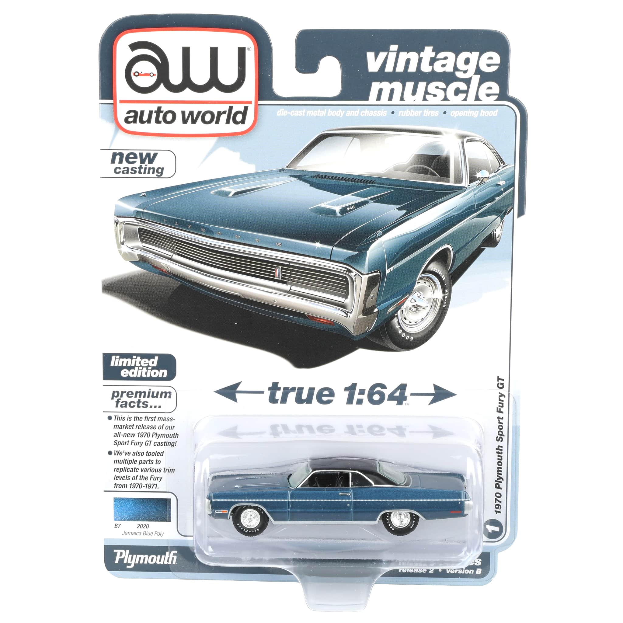 1/64 1970 Plymouth Sport Fury GT, Jamaica Poly Blue, Auto World