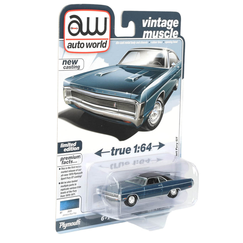 1/64 1970 Plymouth Sport Fury GT, Jamaica Poly Blue, Auto World