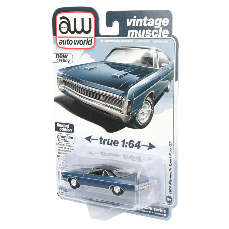 1/64 1970 Plymouth Sport Fury GT, Jamaica Poly Blue, Auto World