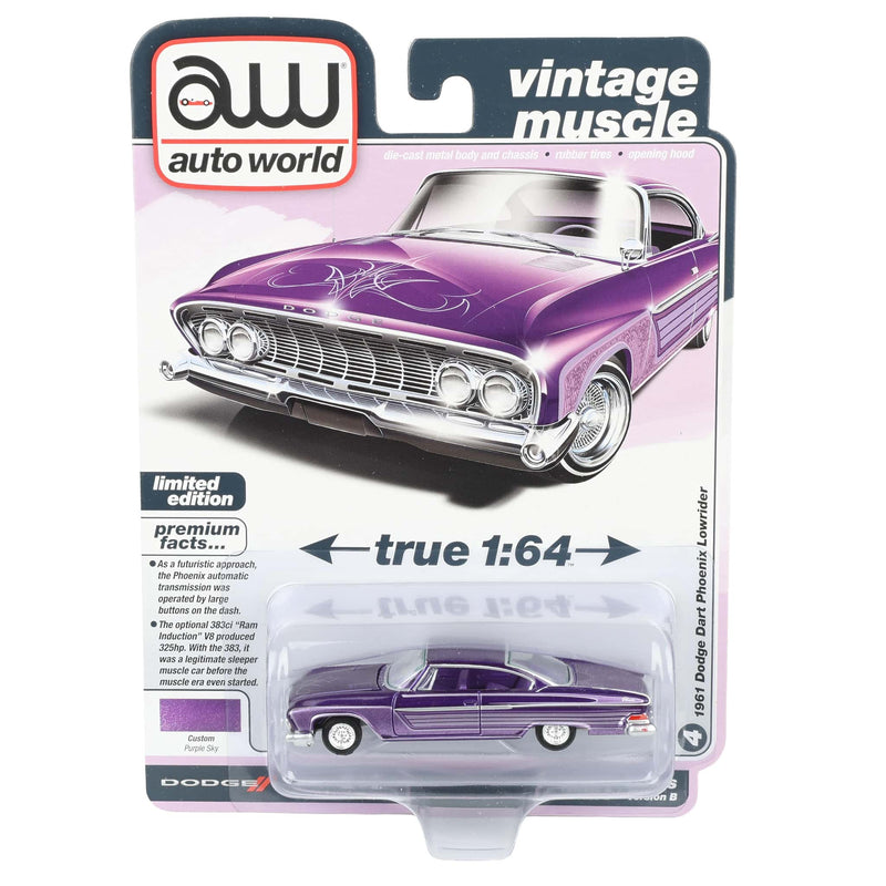 1/64 1961 Dodge Dart Phoenix Lowrider, Purple Sky, Auto World Vintage Muscle